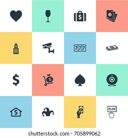 Vector Illustration Set Of Simple Casino Icons. Elements Pay, Peaks, Poker And Other Synonyms Core, Place And Cam.