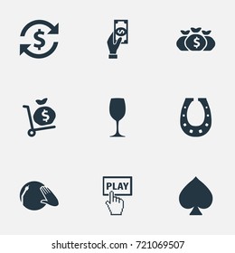 Vector Illustration Set Of Simple Casino Icons. Elements Click, Door Decoration, Money Sack And Other Synonyms Coin, Shoe And Drink.