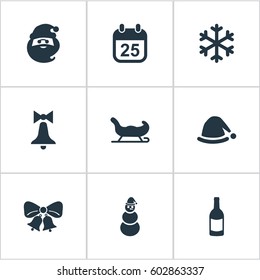 Vector Illustration Set Of Simple Celebration Icons. Elements Christmas Character, Calendar, Decoration And Other Synonyms Bell, Santa And Snowflake.