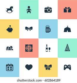 Vector Illustration Set Of Simple Celebration Icons. Elements Knot, Camera, Circus And Other Synonyms Days, Cap And Baby.