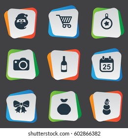 Vector Illustration Set Of Simple Celebration Icons. Elements Basket, Bag, Drink Bottle And Other Synonyms Cart, Basket And Camera.