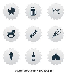 Vector Illustration Set Of Simple Celebration Icons. Elements Baby Carriage, Pub, Firecracker And Other Synonyms Beer, Ice And Carriage.