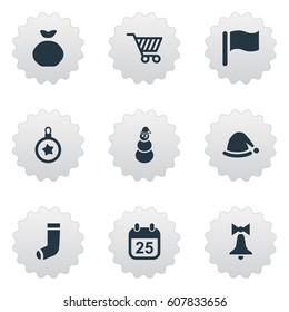 Vector Illustration Set Of Simple Celebration Icons. Elements Bag, Christmas Cap, Ice Man And Other Synonyms Decoration, Pin And Mark.