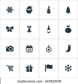 Vector Illustration Set Of Simple Celebration Icons. Elements Photography, Bag, Christmas Decoration And Other Synonyms Bow, Giftbox And Snowflake.