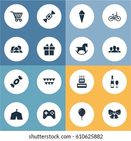 Vector Illustration Set Of Simple Celebration Icons. Elements Champagne, Resonate, Ribbon And Other Synonyms Champagne, Circus And Bicycle.