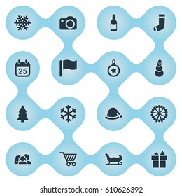 Vector Illustration Set Of Simple Celebration Icons. Elements Christmas Decoration, Christmas Cap, Basket And Other Synonyms Forest, Calendar And Pin.