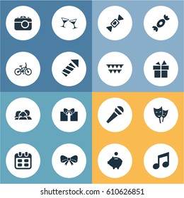 Vector Illustration Set Of Simple Celebration Icons. Elements Mask, Ribbon, Celebrating And Other Synonyms Theater, Money And Note.