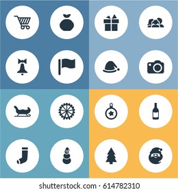Vector Illustration Set Of Simple Celebration Icons. Elements Funfair, Relatives, Ice Man And Other Synonyms Champagne, Snowman And Funfair.
