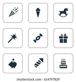 Vector Illustration Set Of Simple Celebration Icons. Elements Ribbon, Candy, Cracker Synonyms Fun, Pig And Pony.