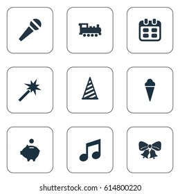 Vector Illustration Set Of Simple Celebration Icons. Elements Money Pig, Cap, Sweet Dessert And Other Synonyms Sparkle, Train And Money.