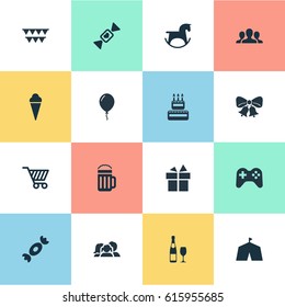 Vector Illustration Set Of Simple Celebration Icons. Elements Champagne, Pony, Ribbon And Other Synonyms Family, Joystick And Group.