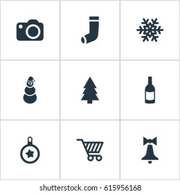 Vector Illustration Set Of Simple Celebration Icons. Elements Ice Man, Decoration, Basket And Other Synonyms Snow, Snowman And Champagne.