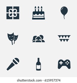 Vector Illustration Set Of Simple Celebration Icons. Elements Domestic, Game, Speech And Other Synonyms Cake, Aerostat And Actor.