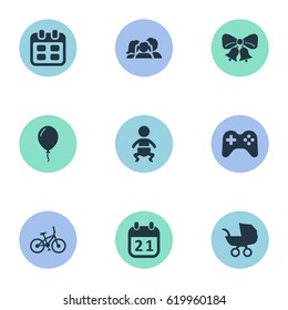 Vector Illustration Set Of Simple Celebration Icons. Elements Days, Bicycle, Special Day And Other Synonyms Bells, Carriage And Stroller.