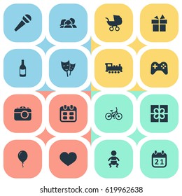 Vector Illustration Set Of Simple Celebration Icons. Elements Infant, Train, Soul And Other Synonyms Sport, Steam And Domestic.