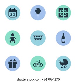 Vector Illustration Set Of Simple Celebration Icons. Elements Decorations;, Ribbon, Bicycle And Other Synonyms Present, Decorations And Carriage.