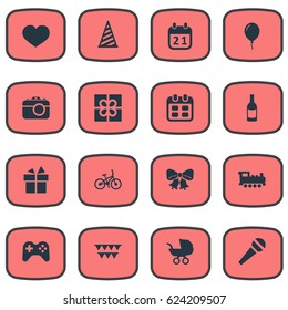 Vector Illustration Set Of Simple Celebration Icons. Elements Train, Beverage, Baby Carriage And Other Synonyms Hat, Play And Baby.