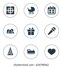 Vector Illustration Set Of Simple Celebration Icons. Elements Baby Carriage, Days, Domestic And Other Synonyms Ribbon, Speech And Present.