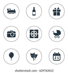Vector Illustration Set Of Simple Celebration Icons. Elements Train, Special Day, Baby Carriage And Other Synonyms Train, Day And Fizz.