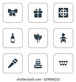 Vector Illustration Set Of Simple Celebration Icons. Elements Ribbon, Decorations;, Mask And Other Synonyms Microphone, Champagne And Box.