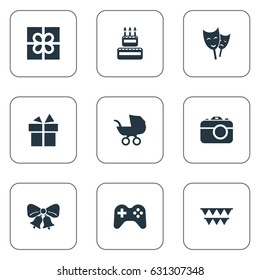 Vector Illustration Set Of Simple Celebration Icons. Elements Ribbon, Decorations;, Mask And Other Synonyms Stroller, Sweetmeat And Theater.