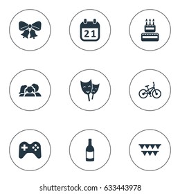 Vector Illustration Set Of Simple Celebration Icons. Elements Beverage, Resonate, Bicycle And Other Synonyms Sweetmeat, Beverage And Bike.