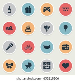 Vector Illustration Set Of Simple Celebration Icons. Elements Baby Carriage, Box, Speech And Other Synonyms Carriage, Gift And Mask.