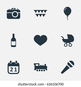 Vector Illustration Set Of Simple Celebration Icons. Elements Speech, Soul, Baby Carriage And Other Synonyms Feelings, Heart And Photo.