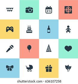 Vector Illustration Set Of Simple Celebration Icons. Elements Resonate, Mask, Cap And Other Synonyms Flags, Photo And Champagne.
