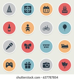 Vector Illustration Set Of Simple Celebration Icons. Elements Bicycle, Speech, Resonate And Other Synonyms Sweetmeat, Game And Infant.
