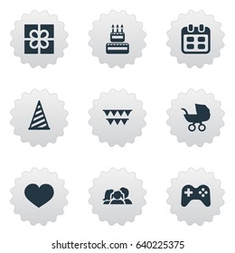 Vector Illustration Set Of Simple Celebration Icons. Elements Box, Game, Days And Other Synonyms Hat, Cap And Baby.