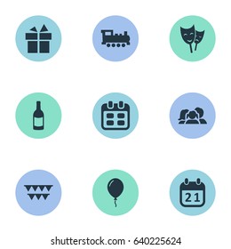 Vector Illustration Set Of Simple Celebration Icons. Elements Domestic, Mask, Aerostat And Other Synonyms Party, Actor And Ribbon.