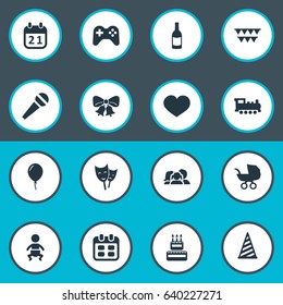 Vector Illustration Set Of Simple Celebration Icons. Elements Baby Carriage, Resonate, Train And Other Synonyms Steam, Days And Fizz.