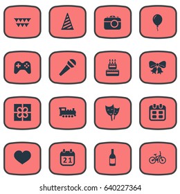 Vector Illustration Set Of Simple Celebration Icons. Elements Camera, Box, Aerostat And Other Synonyms Sky, Resonate And Cap.