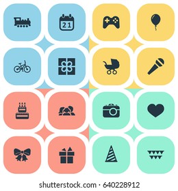 Vector Illustration Set Of Simple Celebration Icons. Elements Baby Carriage, Speech, Resonate And Other Synonyms Box, Family And Jingle.