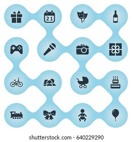 Vector Illustration Set Of Simple Celebration Icons. Elements Bicycle, Infant, Mask And Other Synonyms Sweetmeat, Confectionery And Sport.