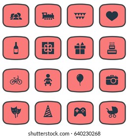Vector Illustration Set Of Simple Celebration Icons. Elements Ribbon, Box, Baby Carriage And Other Synonyms Feelings, Actor And Balloon.