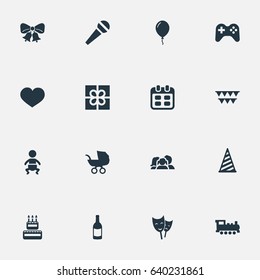 Vector Illustration Set Of Simple Celebration Icons. Elements Decorations;, Days, Baby Carriage And Other Synonyms Hat, Sky And Kid.