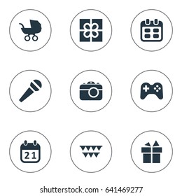 Vector Illustration Set Of Simple Celebration Icons. Elements Special Day, Baby Carriage, Speech And Other Synonyms Photography, Stroller And Party.