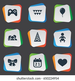 Vector Illustration Set Of Simple Celebration Icons. Elements Resonate, Cap, Decorations; And Other Synonyms Heart, Calendar And Play.