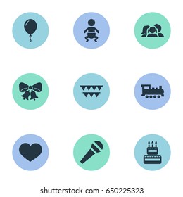 Vector Illustration Set Of Simple Celebration Icons. Elements Infant, Aerostat, Speech And Other Synonyms Microphone, Feelings And Locomotive.