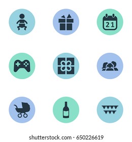 Vector Illustration Set Of Simple Celebration Icons. Elements Box, Beverage, Special Day And Other Synonyms Flags, Gift And Family.