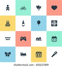 Vector Illustration Set Of Simple Celebration Icons. Elements Infant, Special Day, Confectionery And Other Synonyms People, Feelings And Mask.