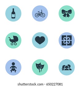 Vector Illustration Set Of Simple Celebration Icons. Elements Domestic, Box, Baby Carriage And Other Synonyms Mask, Heart And Family.