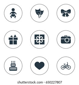 Vector Illustration Set Of Simple Celebration Icons. Elements Camera, Bicycle, Mask And Other Synonyms Bicycle, Confectionery And Theater.
