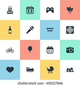Vector Illustration Set Of Simple Celebration Icons. Elements Soul, Train, Confectionery And Other Synonyms Cake, Schedule And Sky.