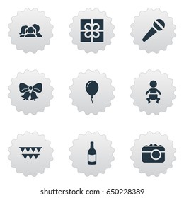 Vector Illustration Set Of Simple Celebration Icons. Elements Decorations;, Infant, Aerostat And Other Synonyms Infant, Balloon And Voice.
