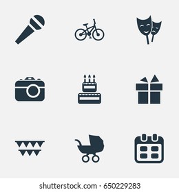 Vector Illustration Set Of Simple Celebration Icons. Elements Camera, Speech, Confectionery And Other Synonyms Camera, Sport And Theater.