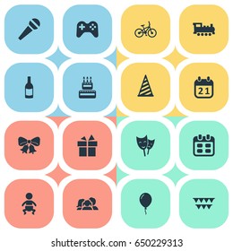 Vector Illustration Set Of Simple Celebration Icons. Elements Beverage, Bicycle, Mask And Other Synonyms Family, Gift And Cap.