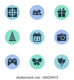 Vector Illustration Set Of Simple Celebration Icons. Elements Game, Mask, Camera And Other Synonyms Bells, Mask And Photo.
